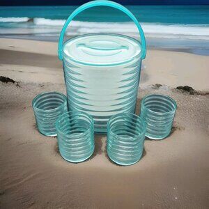 Vintage MCM Lucite Sally Designs Sea Blue Ice Bucket ,Lid & 4 Glasses Barware